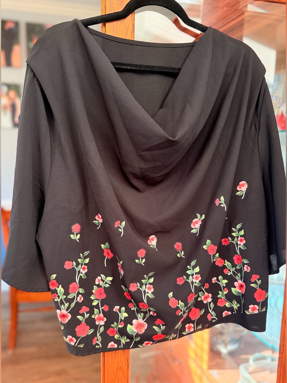 Source Unknown Black Floral Draped Neck Blouse